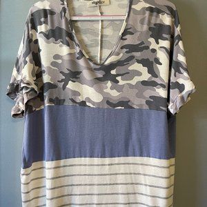 Camo Stripe V neck color block top